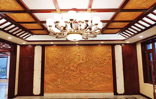 磐石中式别墅客厅中式木作横梁吊顶装饰展示